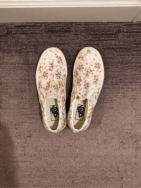 Vans Slip-On Floral Canvas Sneakers - Cream with Pink & Orange Blossoms